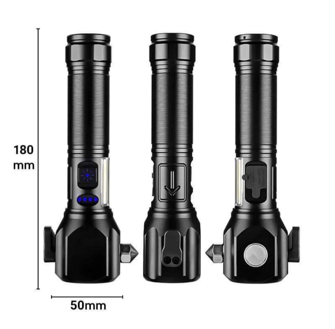 Telescopic Hammer Torch Light | Lithium Battery | Hazard Light | Metal Body | 1km Range